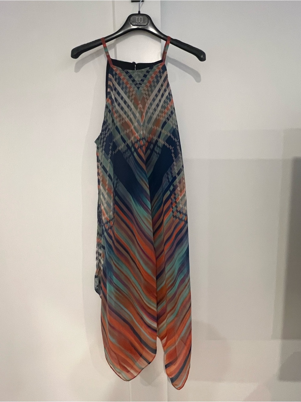 MSK Multicolor Chevron Halter Maxi Dress in Navy, Orange, Teal l 14